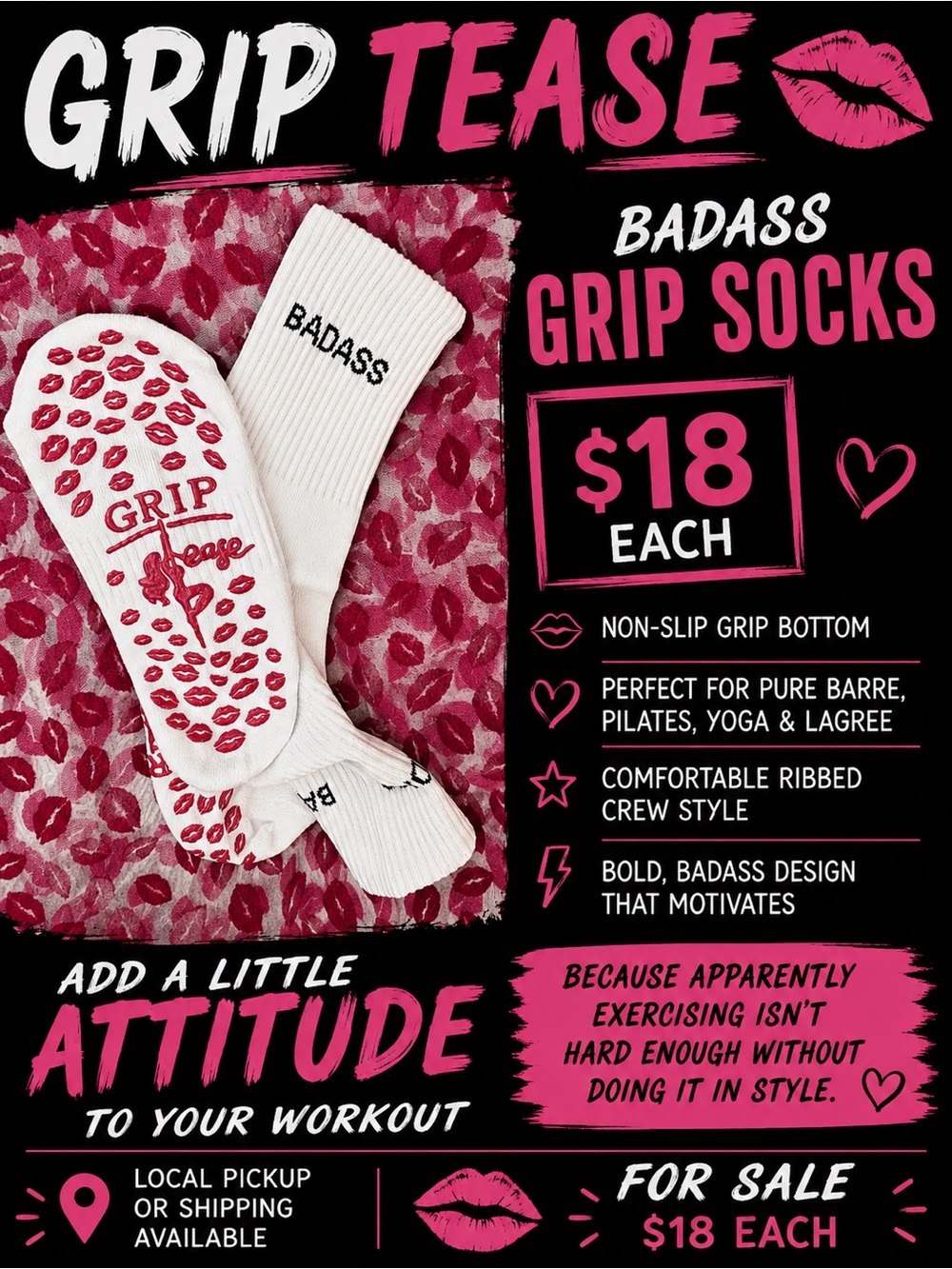 Badass Grip Tease Non-Slip Crew Socks - White with Pink Grip